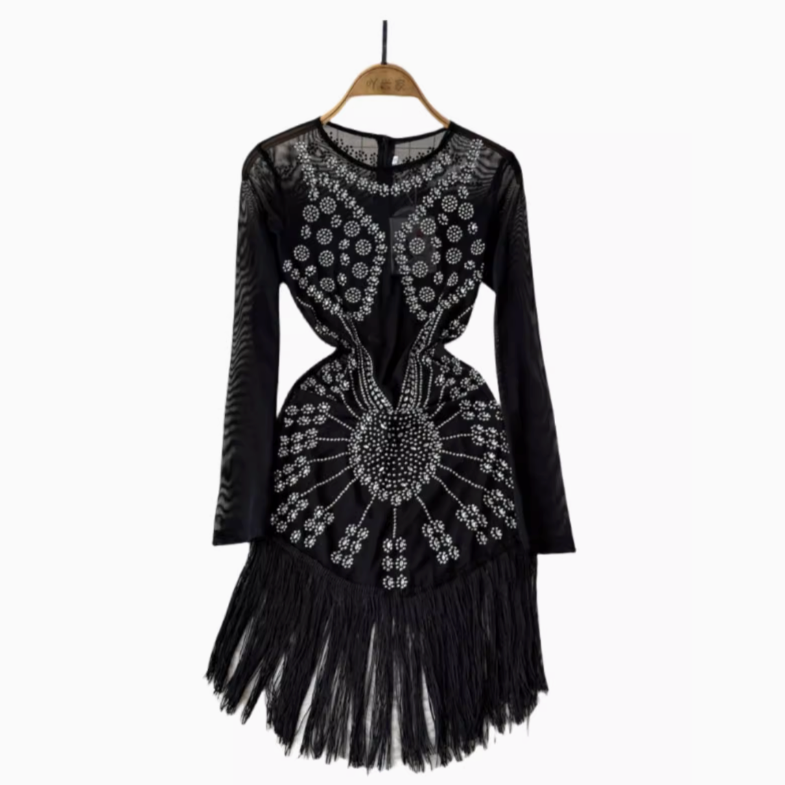 Parti Boncuklu Fringe Siyah Elbise