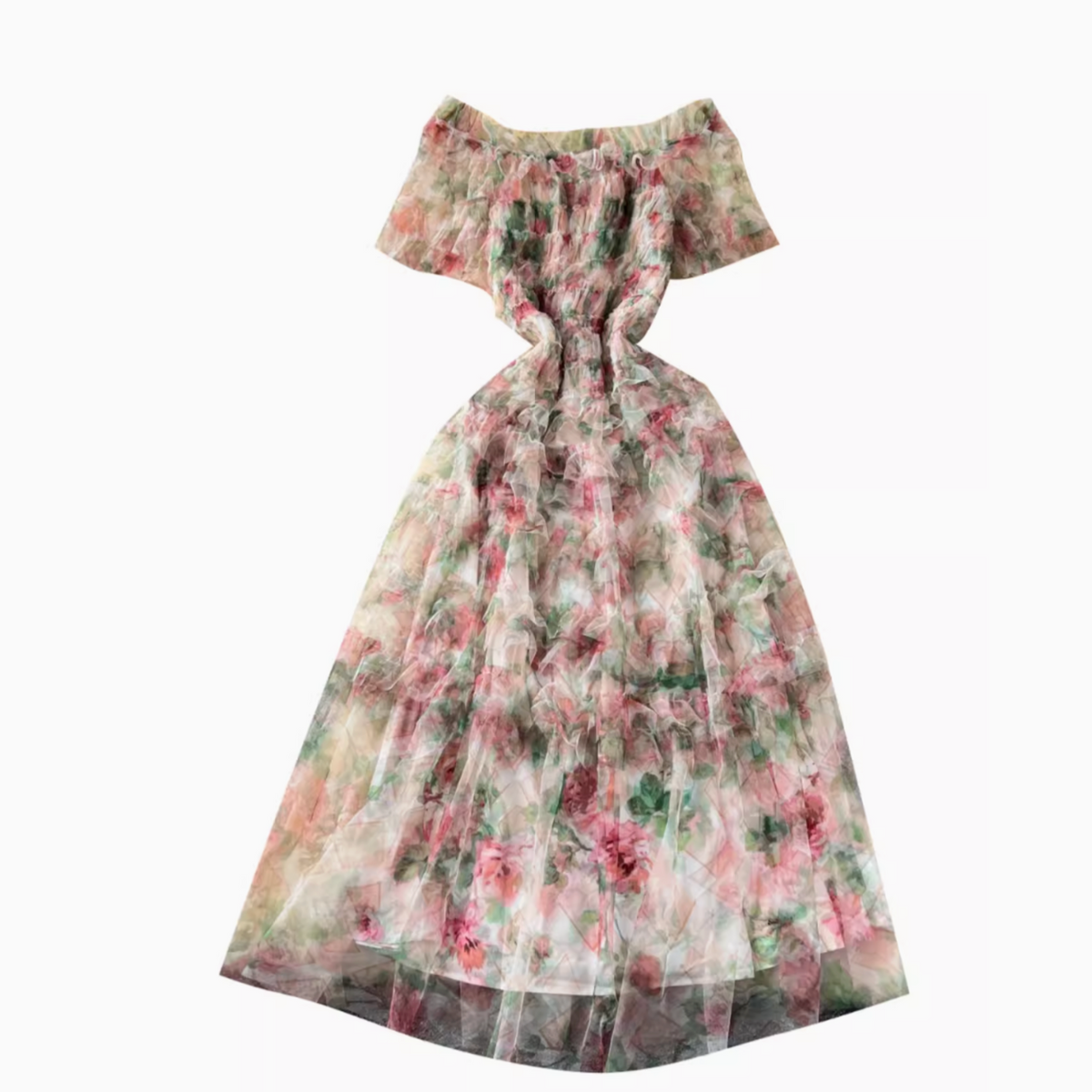 Off-shoulder Floral Puffy Mesh Dress