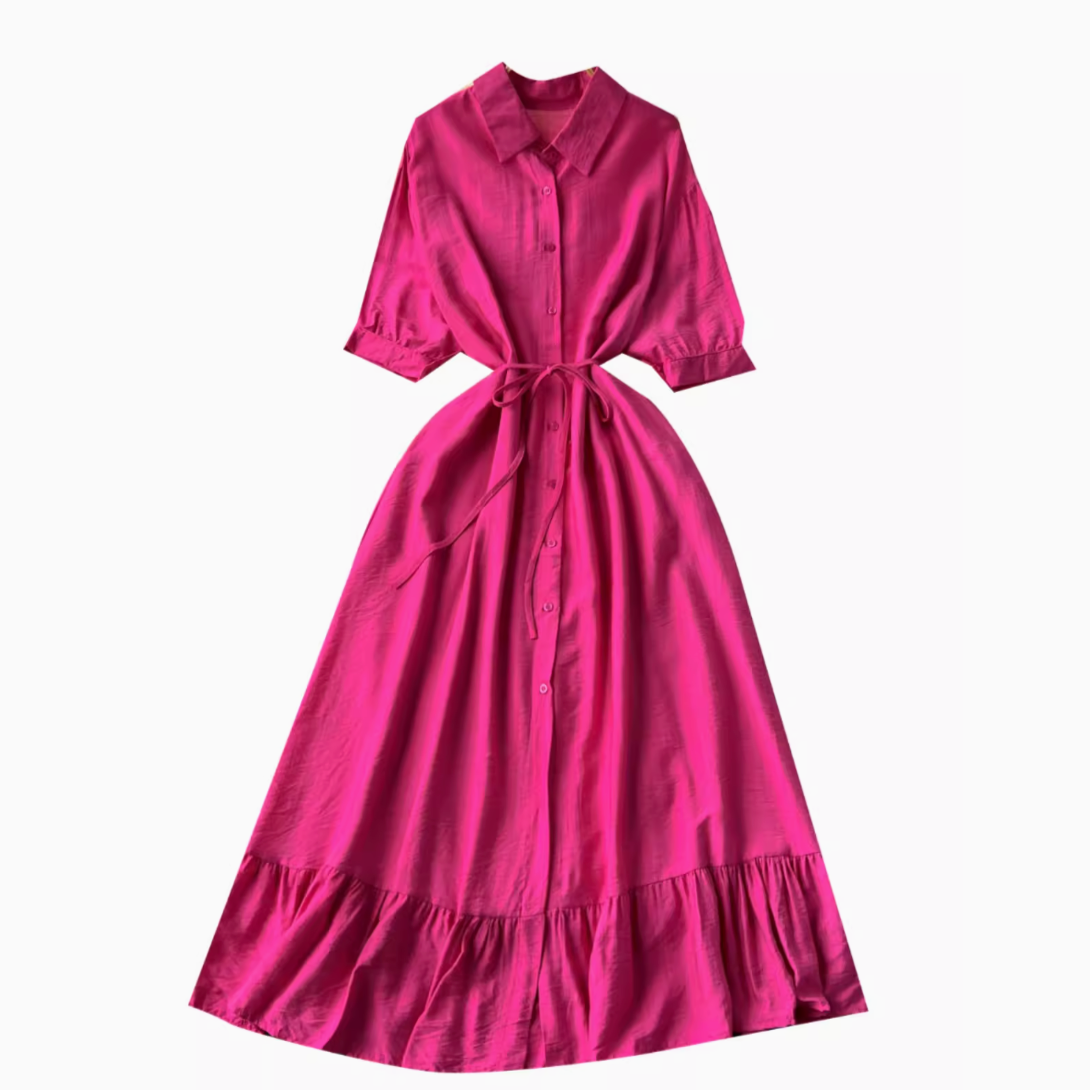 Vintage Solid Color Ruffled Shirt Dress