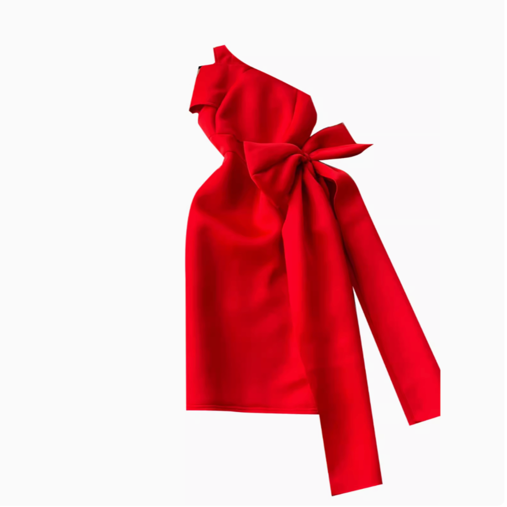 Slant Neckline Large Bow Dress
