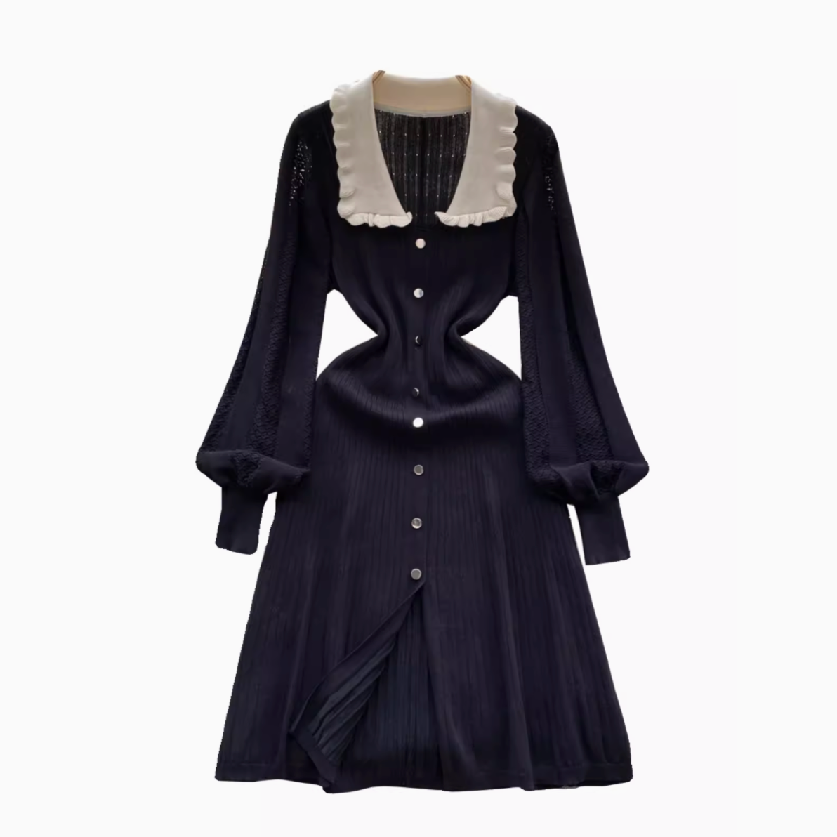 Doll Collar Black Knitted Shirt Dress