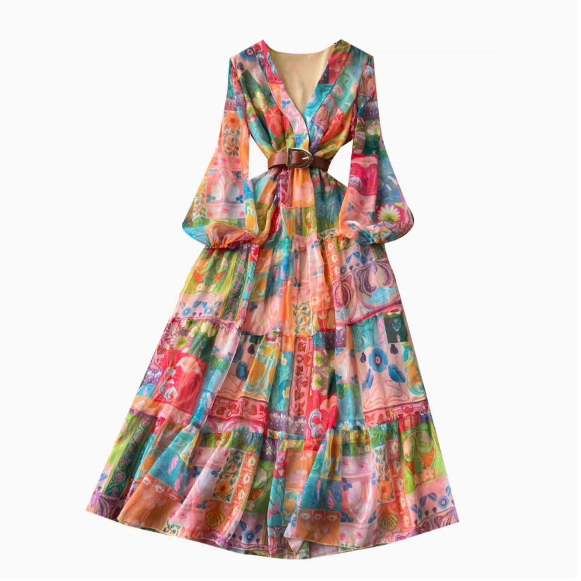 V-neck Colorful Printed Chiffon Dress