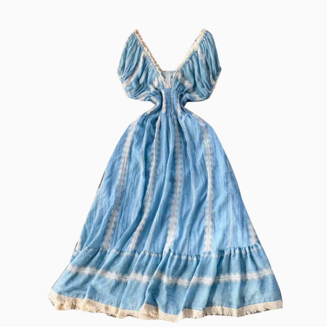 French Style Lace Trim Blue Dress
