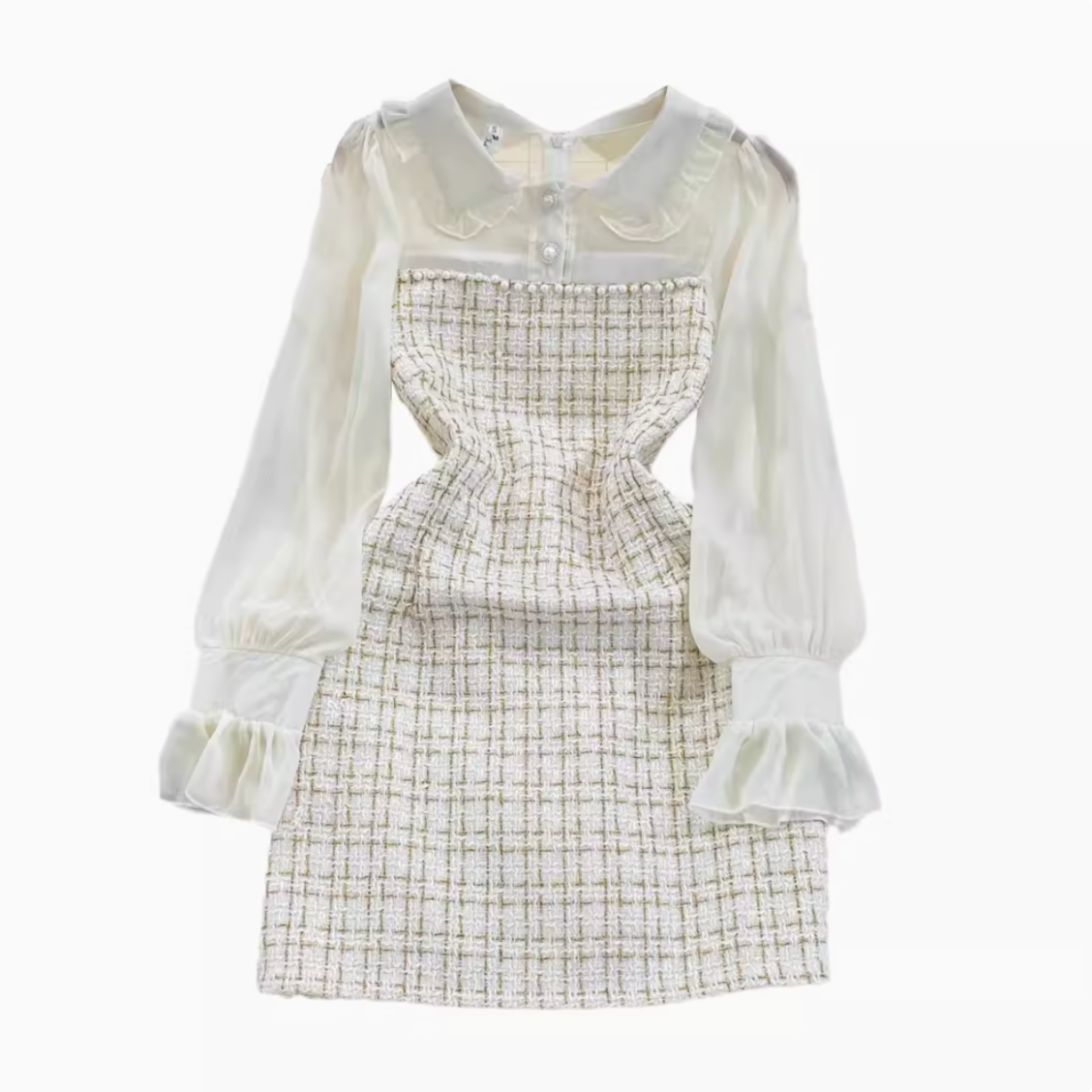 Tweed Patchwork Chiffon Shirt Dress