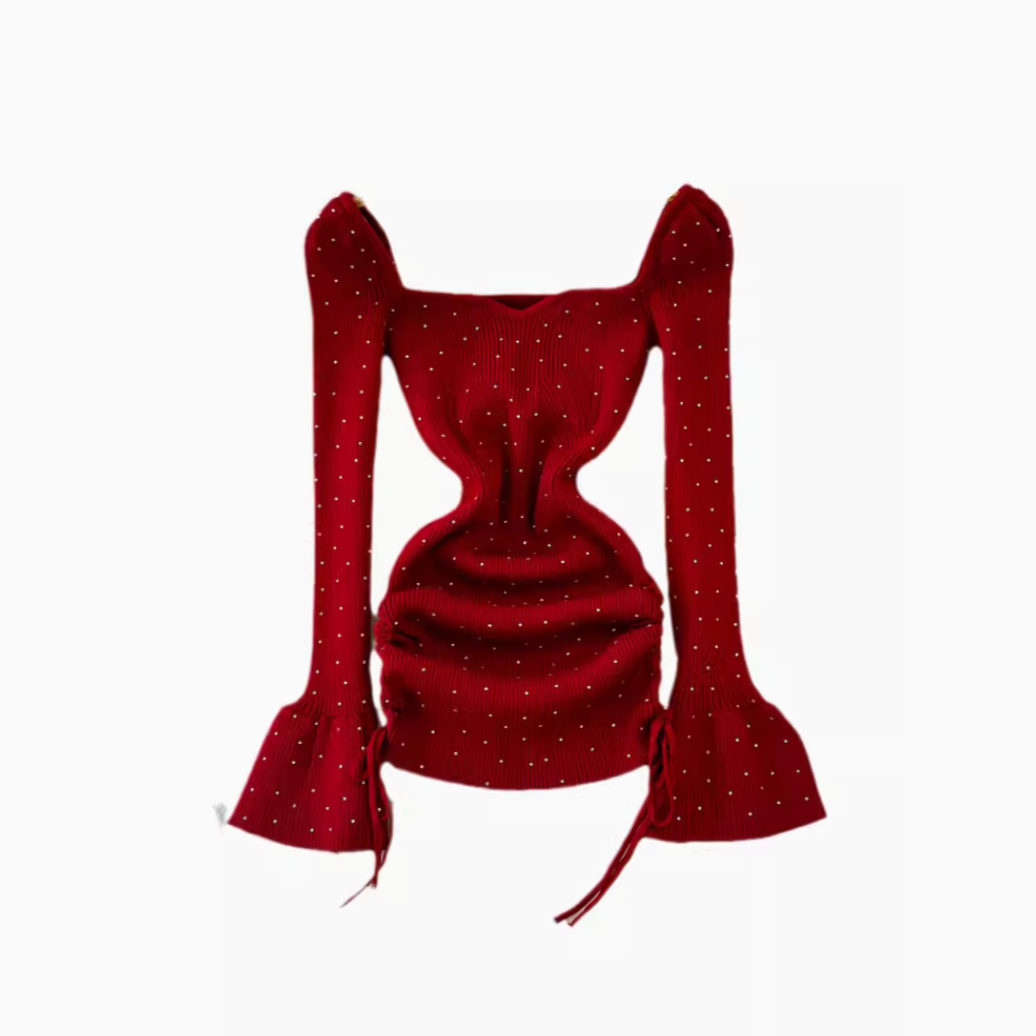 Square Neckline Beaded Knitted Dress