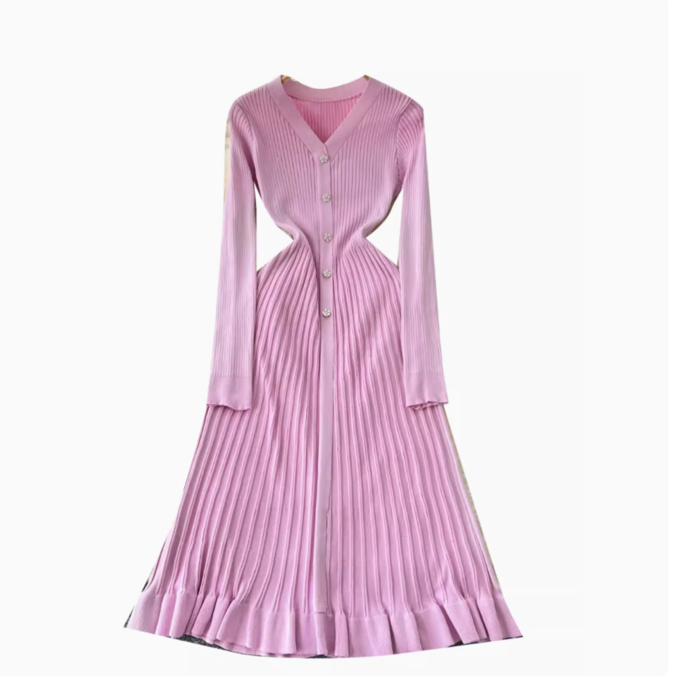 Delicate V-neck Pleated Knitted Dress