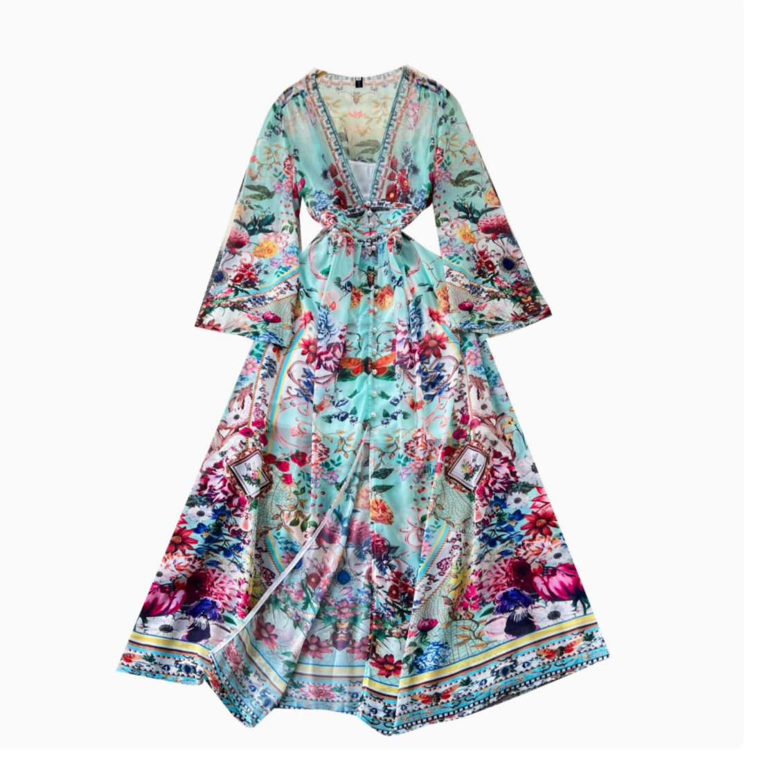 Courtly Floral Printed V-neck Dress