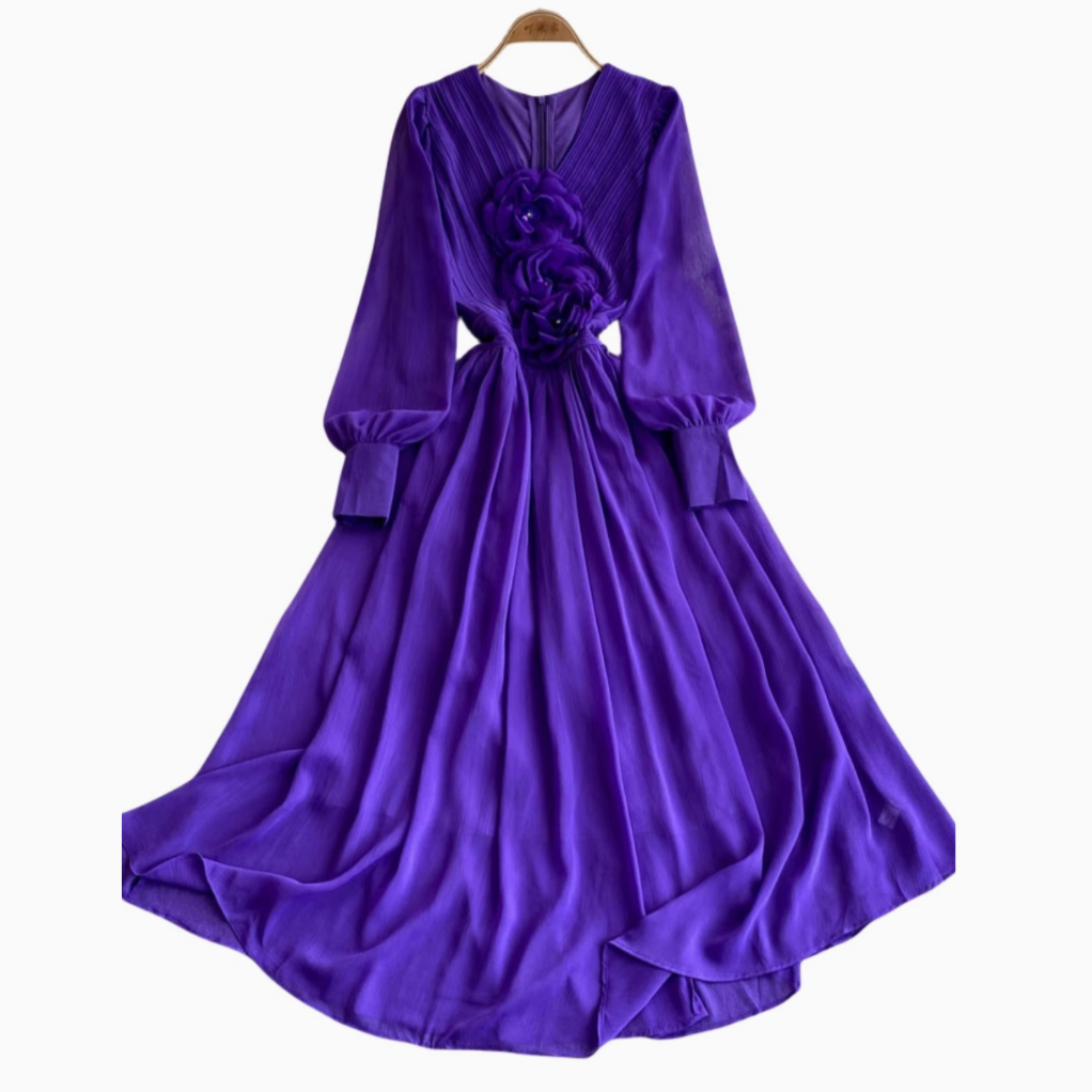 V-neck 3d Floral Chiffon Dress