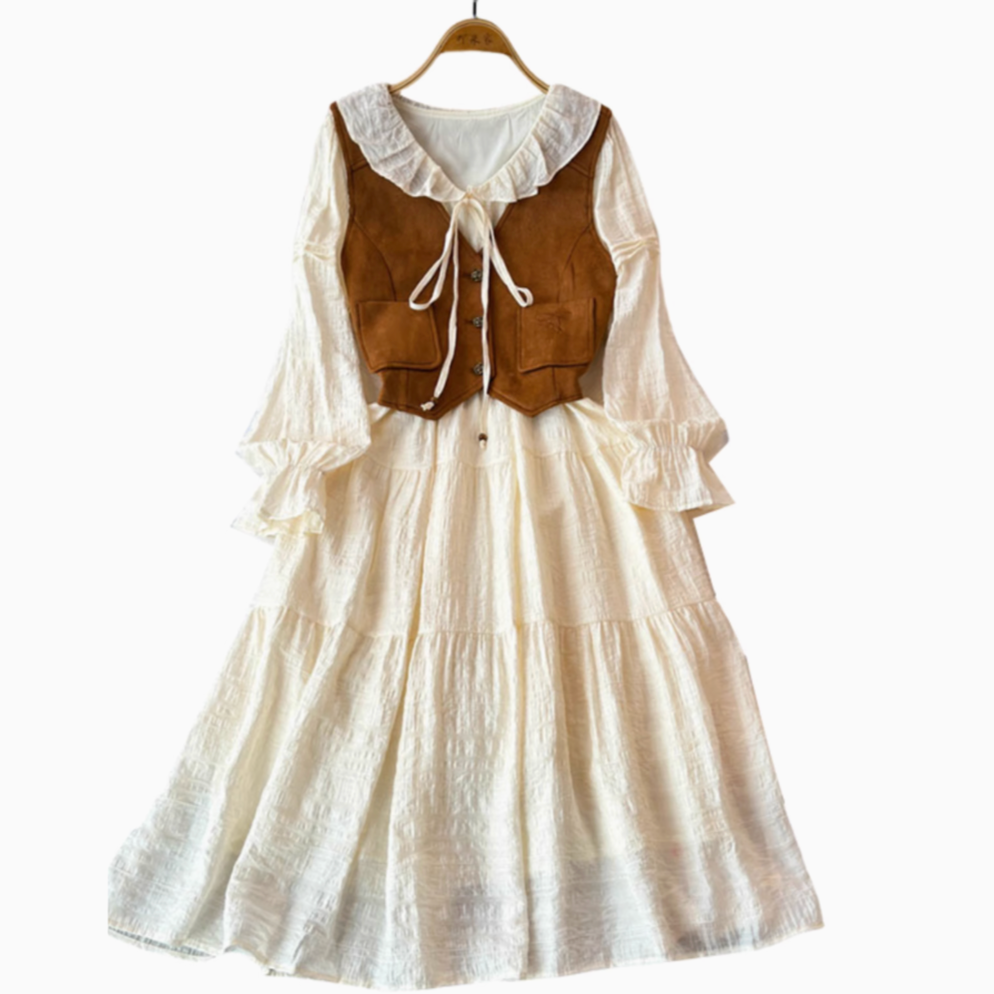 Vintage Vest&Lace-up Dress 2Pcs