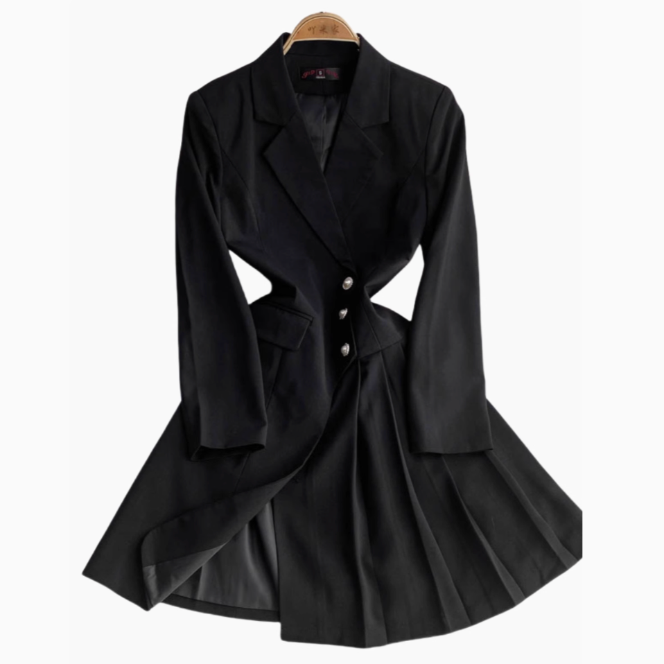 OL Outfit Pleated Black Suit Dress
