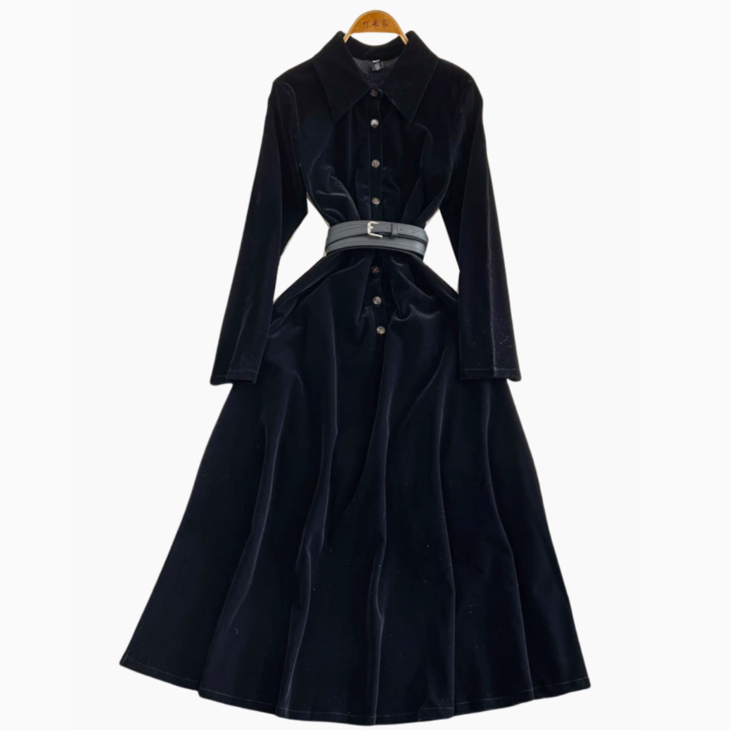 Simple Design Black Velvet Shirt Dress