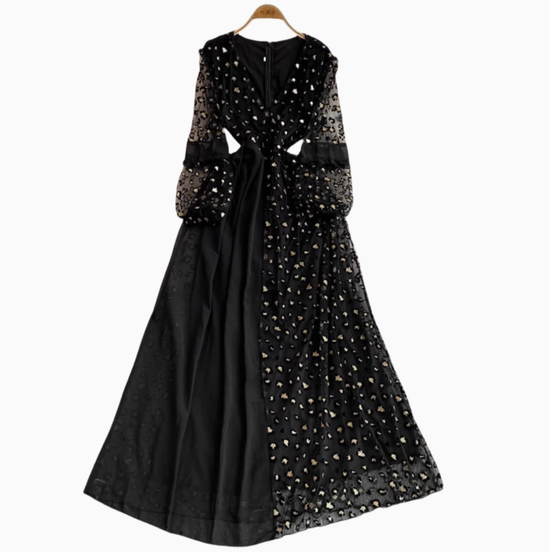 Leopard Printed Mesh Patchwork Black Dress