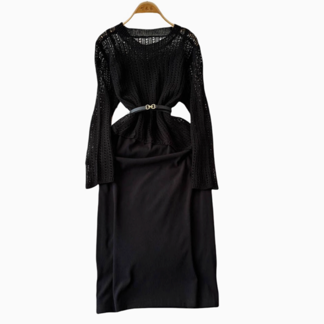 Hollowed Knitwear&Slip Dress 2Pcs