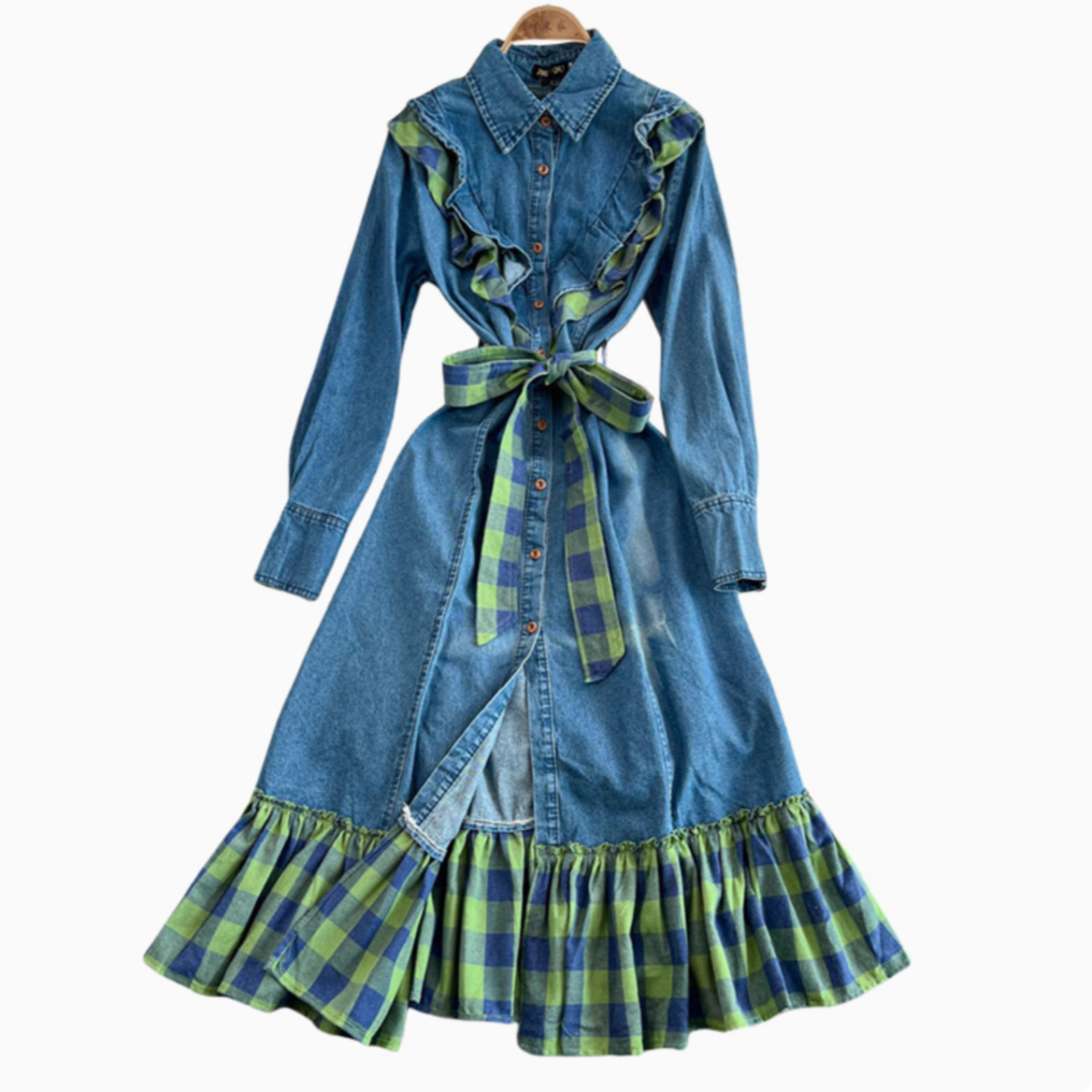 Niche Plaid Patchwork Denim Dress
