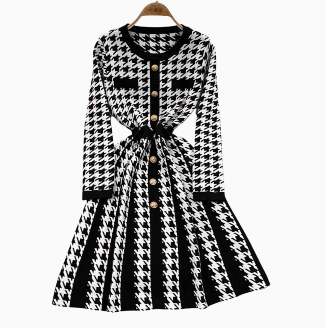 French Style Houndstooth Knitted Dress