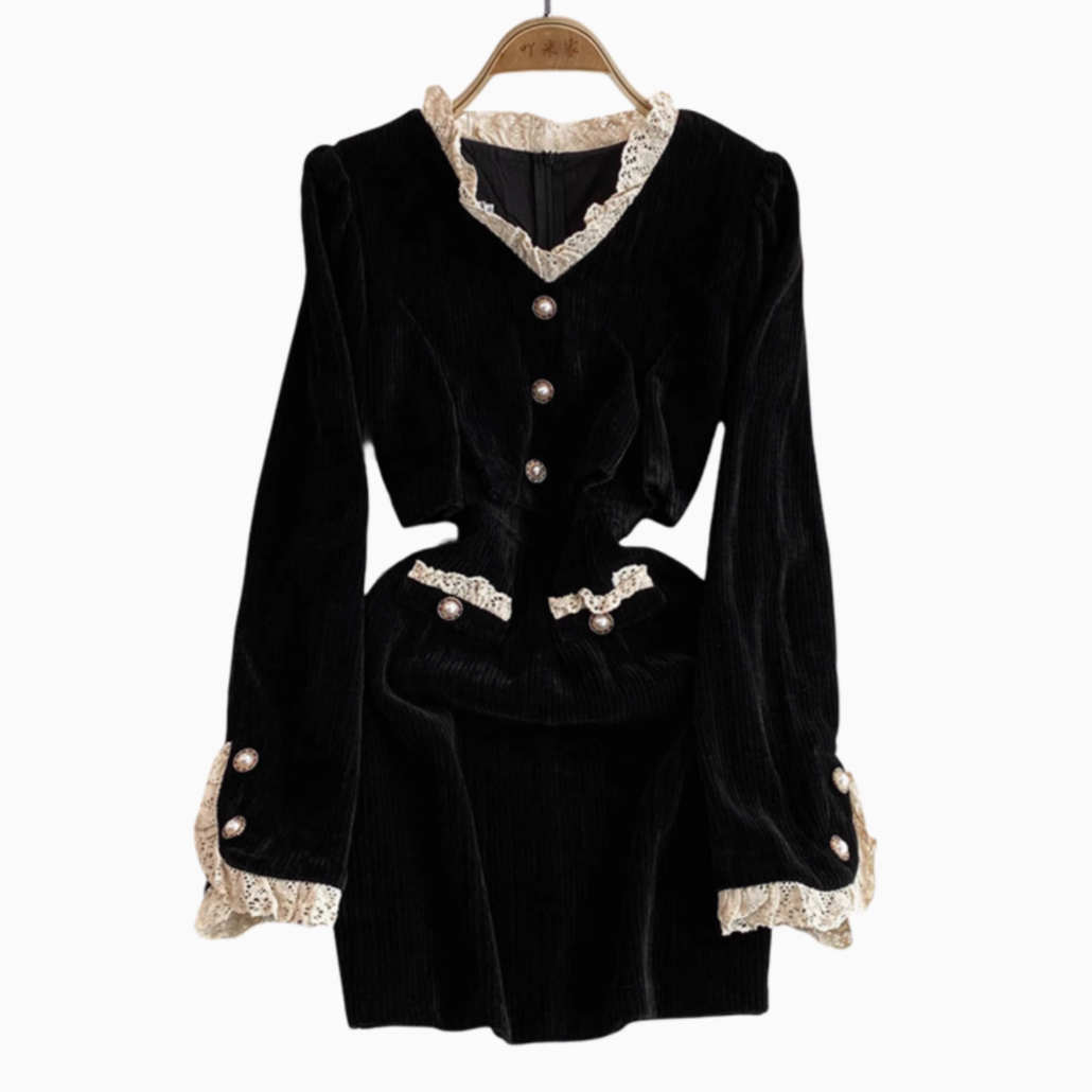 V-neck Lace Trim Black Curduroy Dress