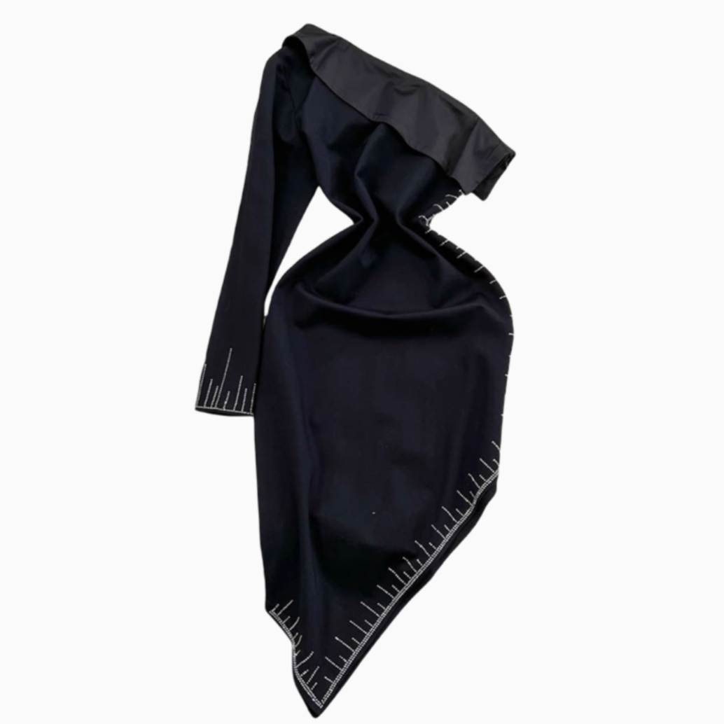 Slant Neckline Asymmetric Black Dress