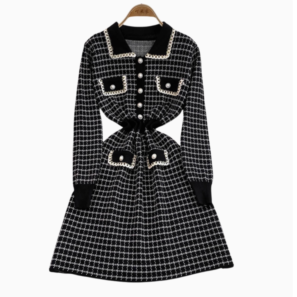 Lapeled Plaid Tweed Knitted Dress