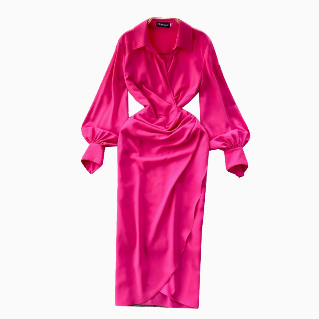 Solid Color Lapeled Satin Dress