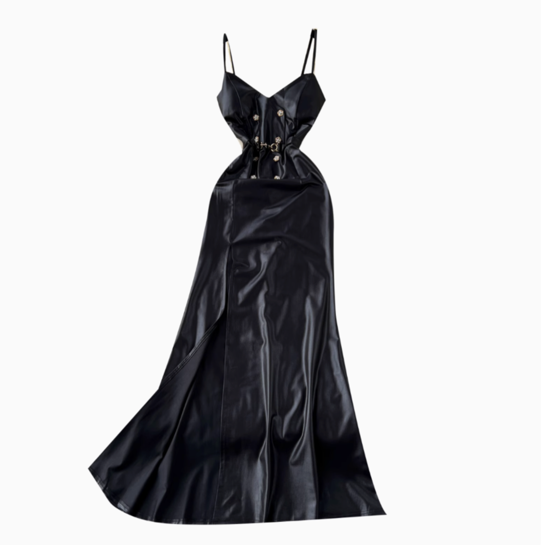 Chic Beaded Black PU Split Dress