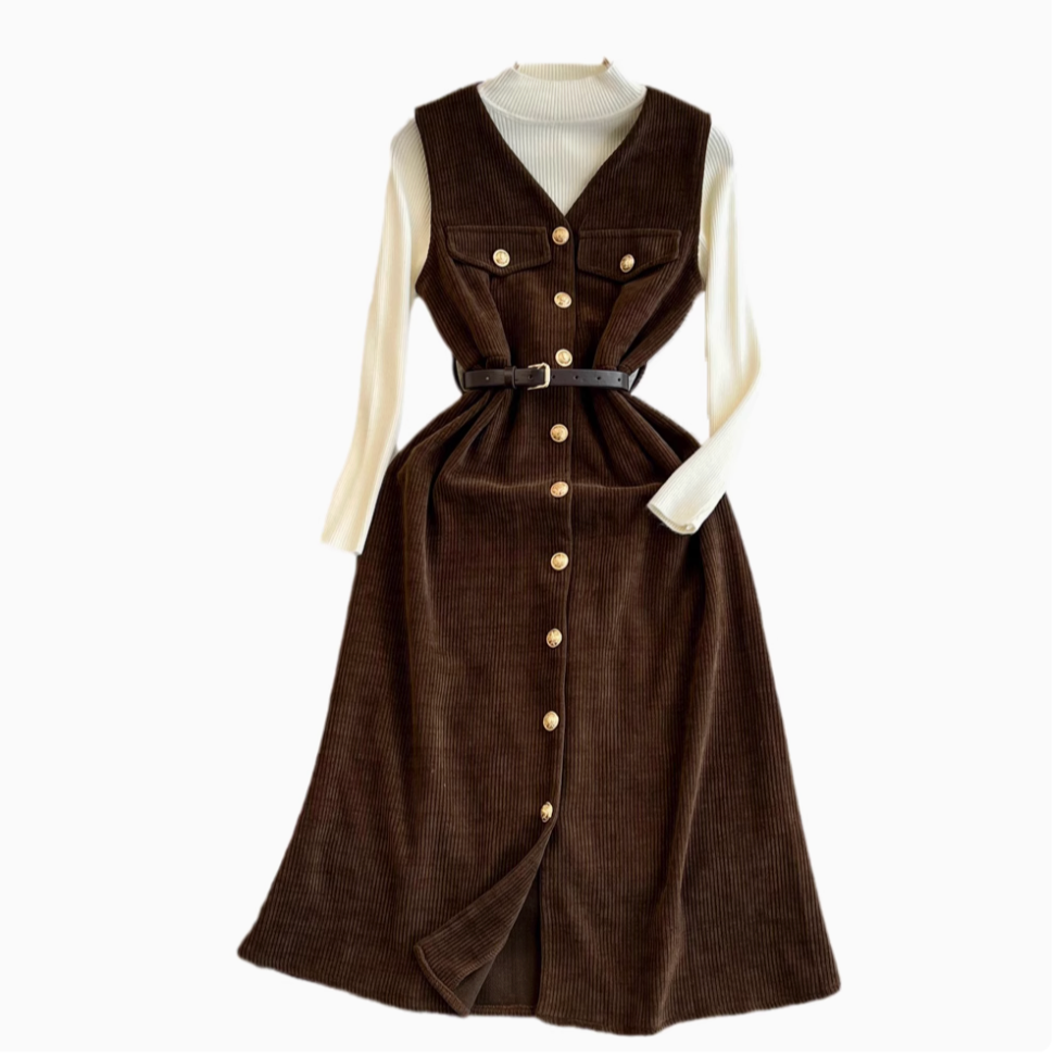 Corduroy Vest Dress&Knitwear 2Pcs