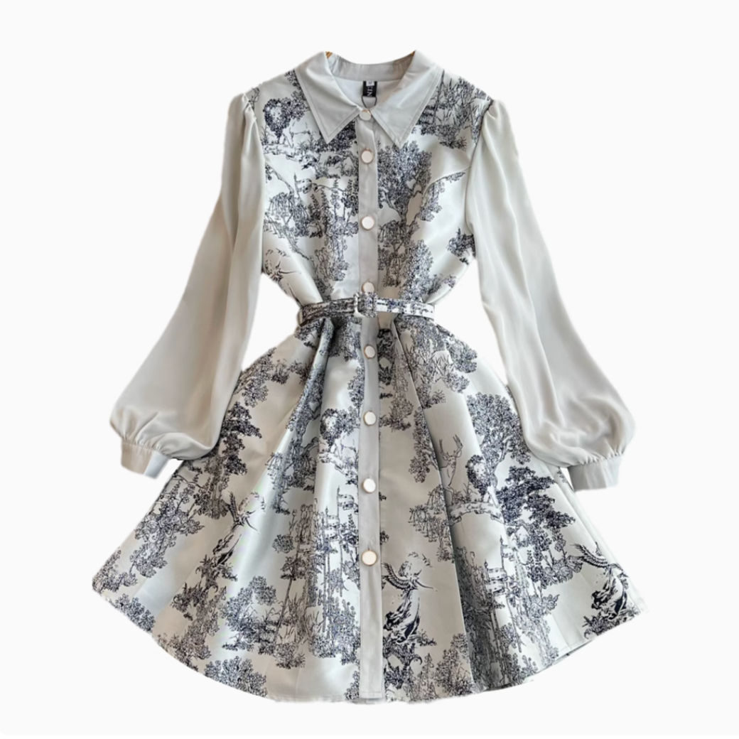 Elegant Ink Painting Printed Shirt Dress