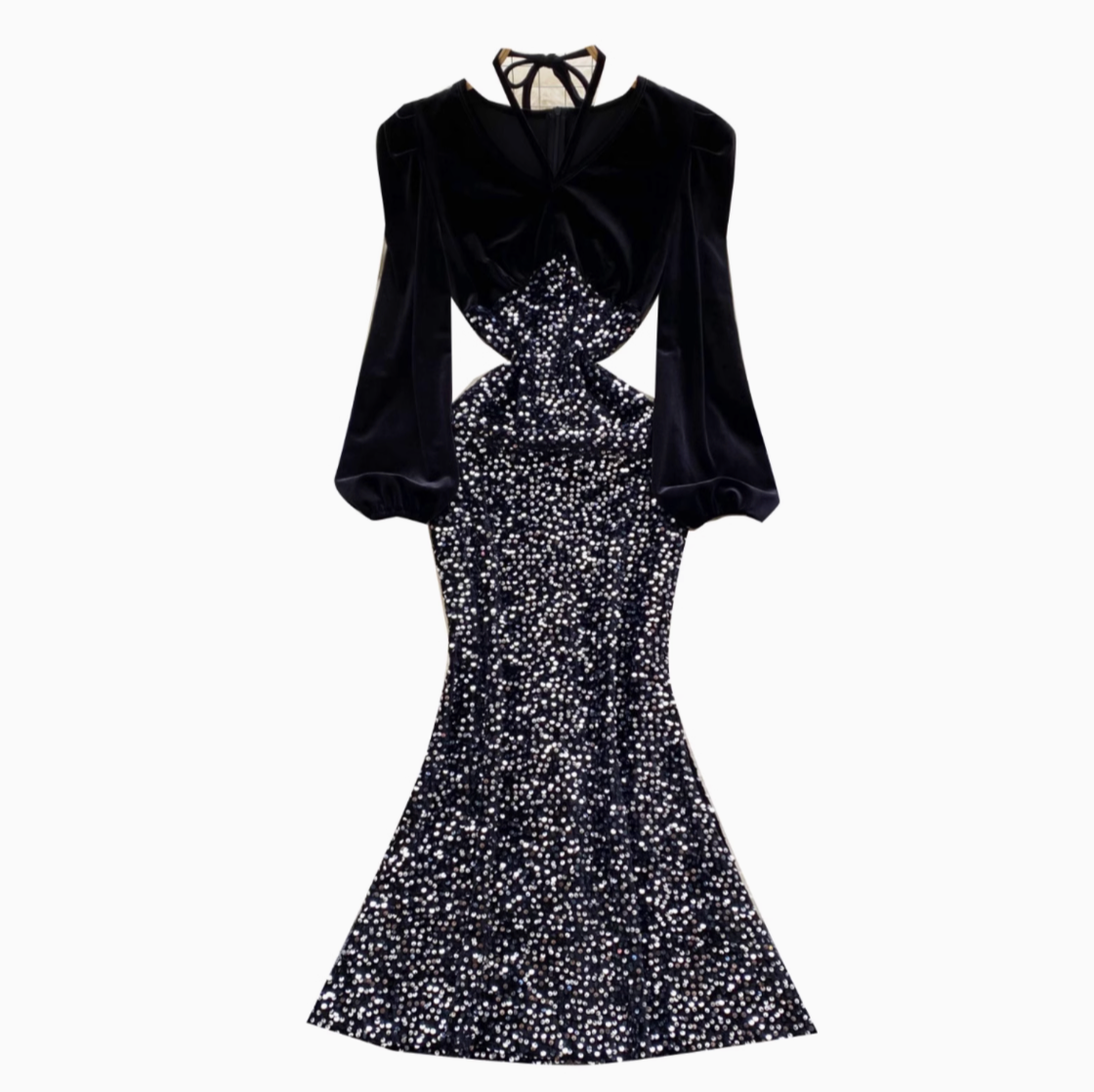 Sequined Black Lace-up Halter Dress