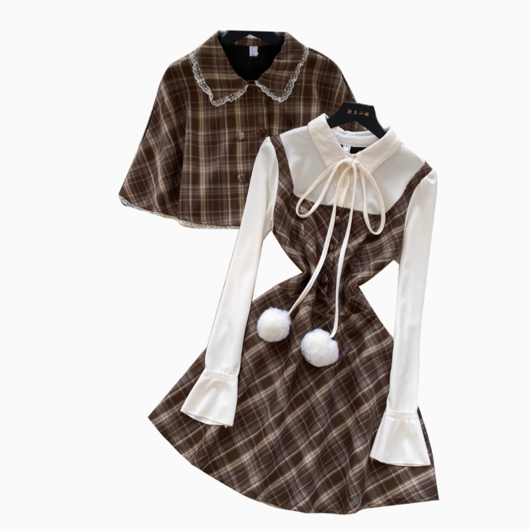Faux Two-pieces Dress&Cape Plaid 2Pcs