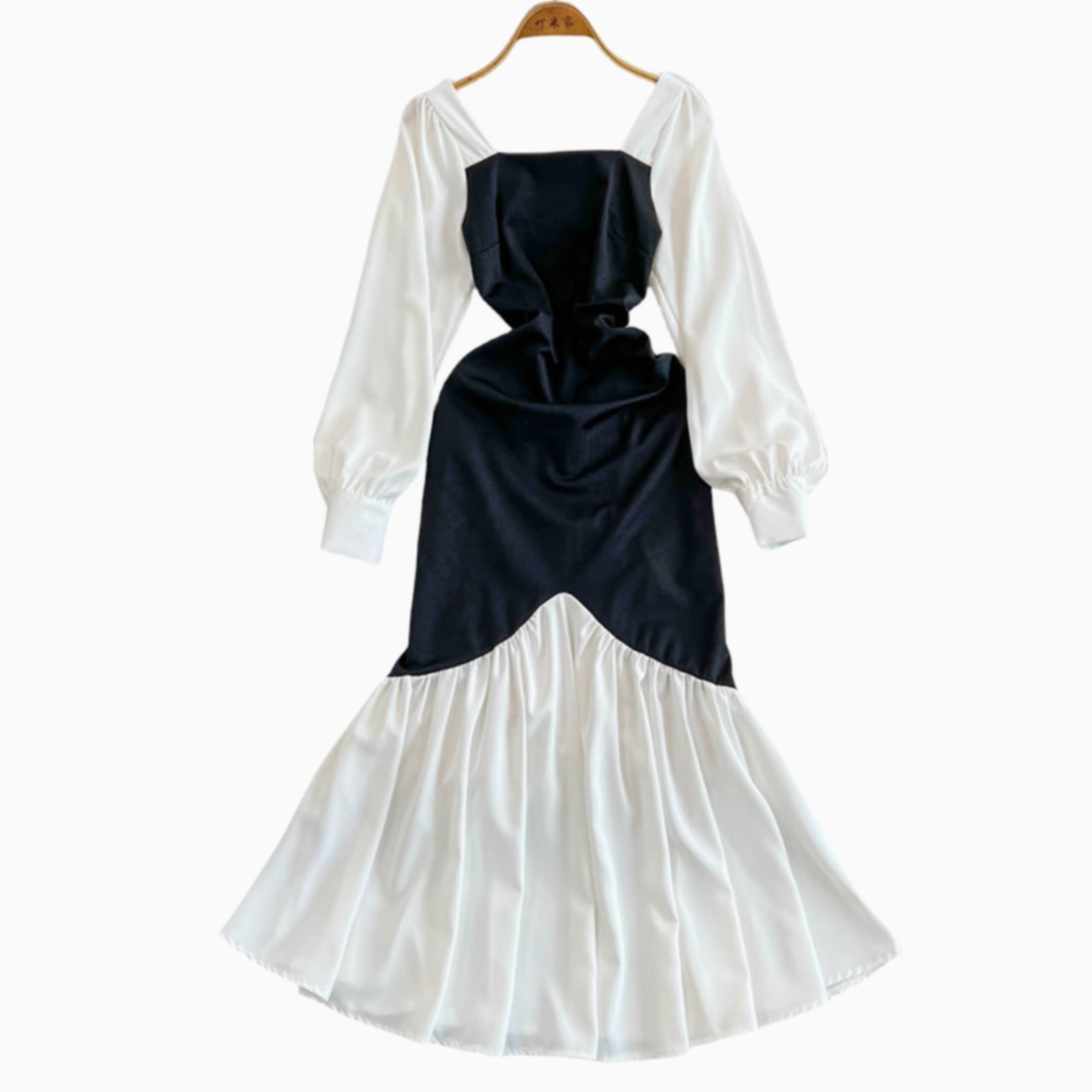 Square Neckline Black&White Fishtail Dress