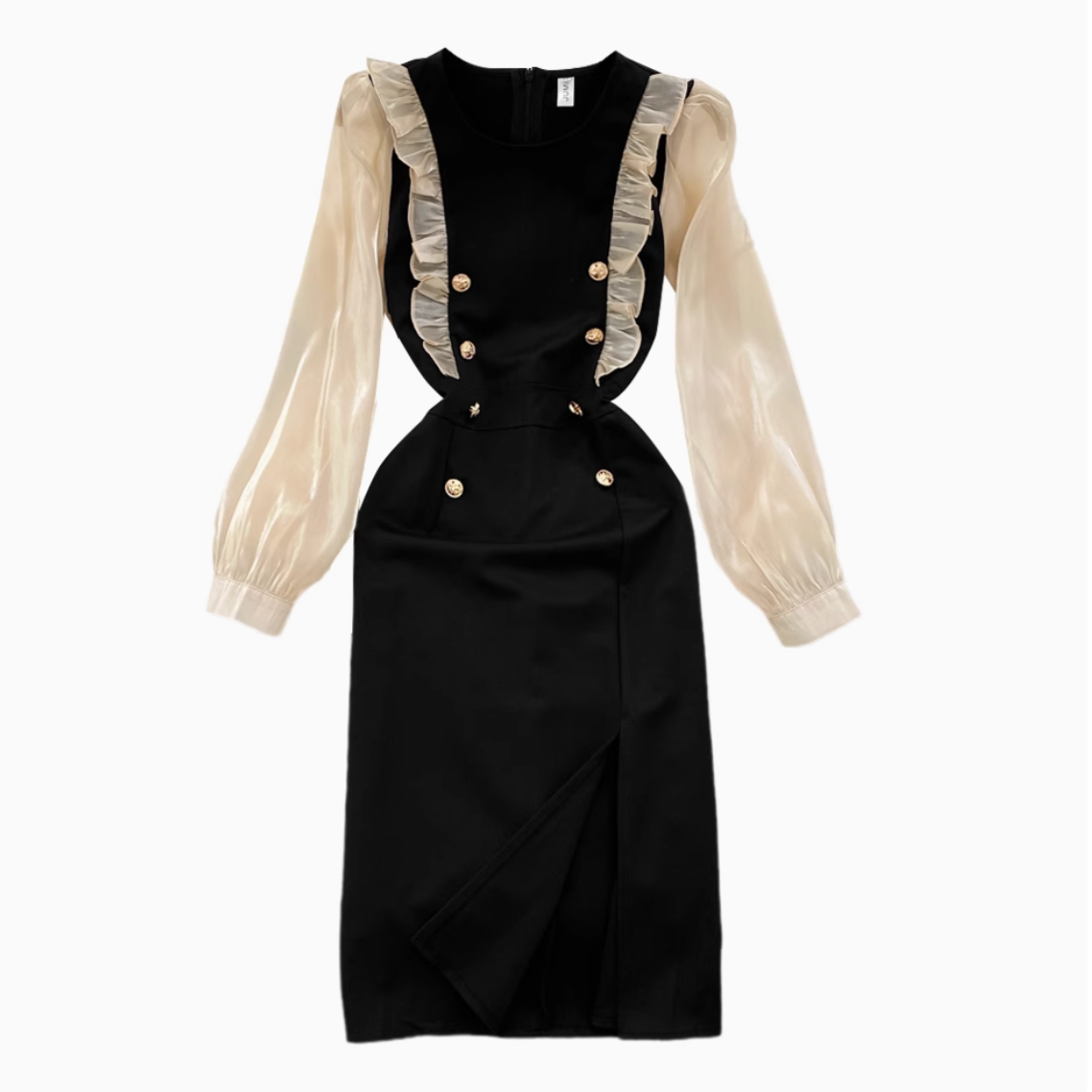 Lace Trim Double-breasted Black Dress