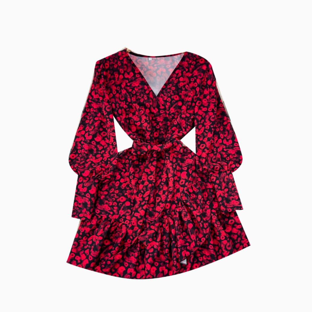 V-neck Floral Printed Ruffled Dress