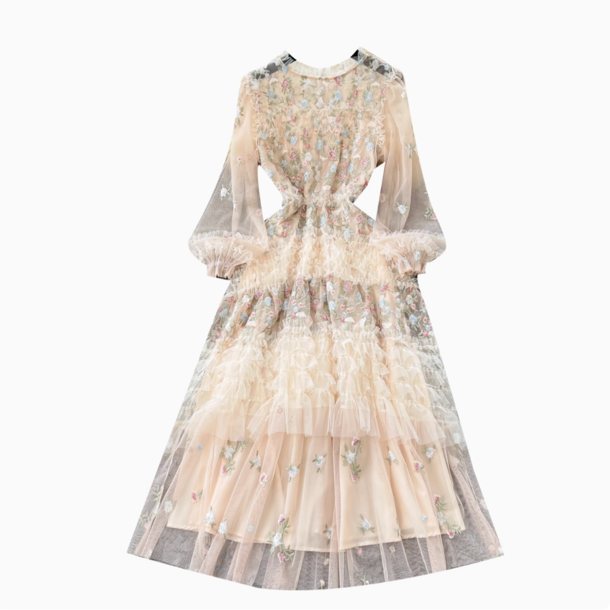 Fairy Floral Embroidered Puffy Mesh Dress