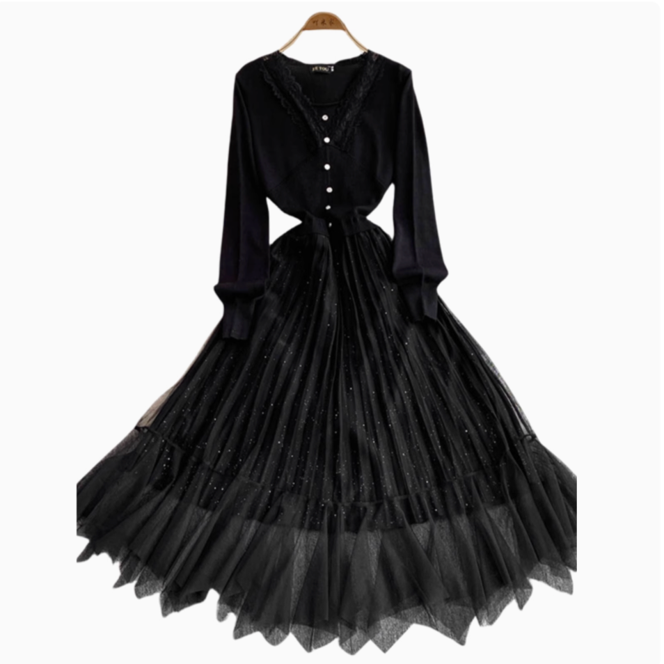 Knitted Patchwork Black Mesh Dress