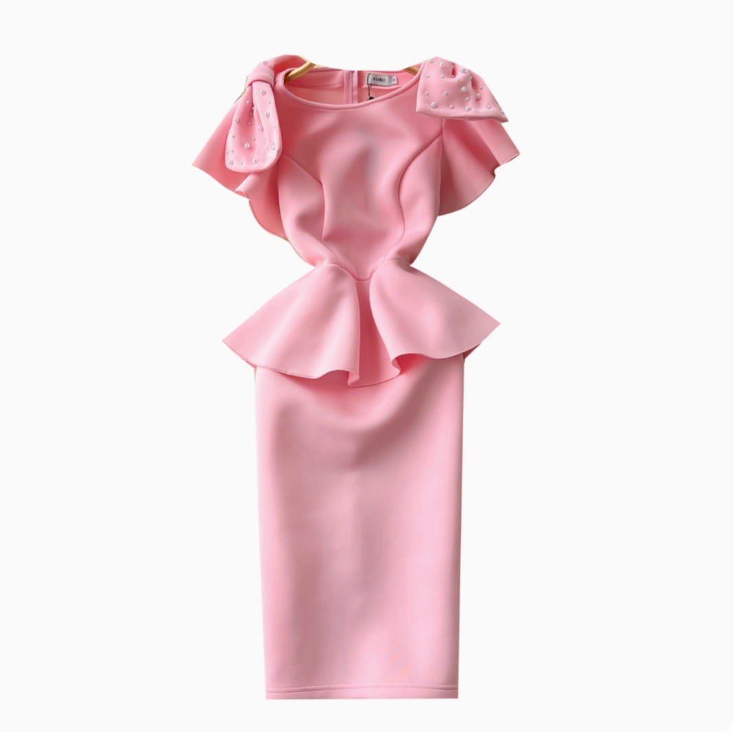 Beaded Bow-tie Ruffled Pink Dress