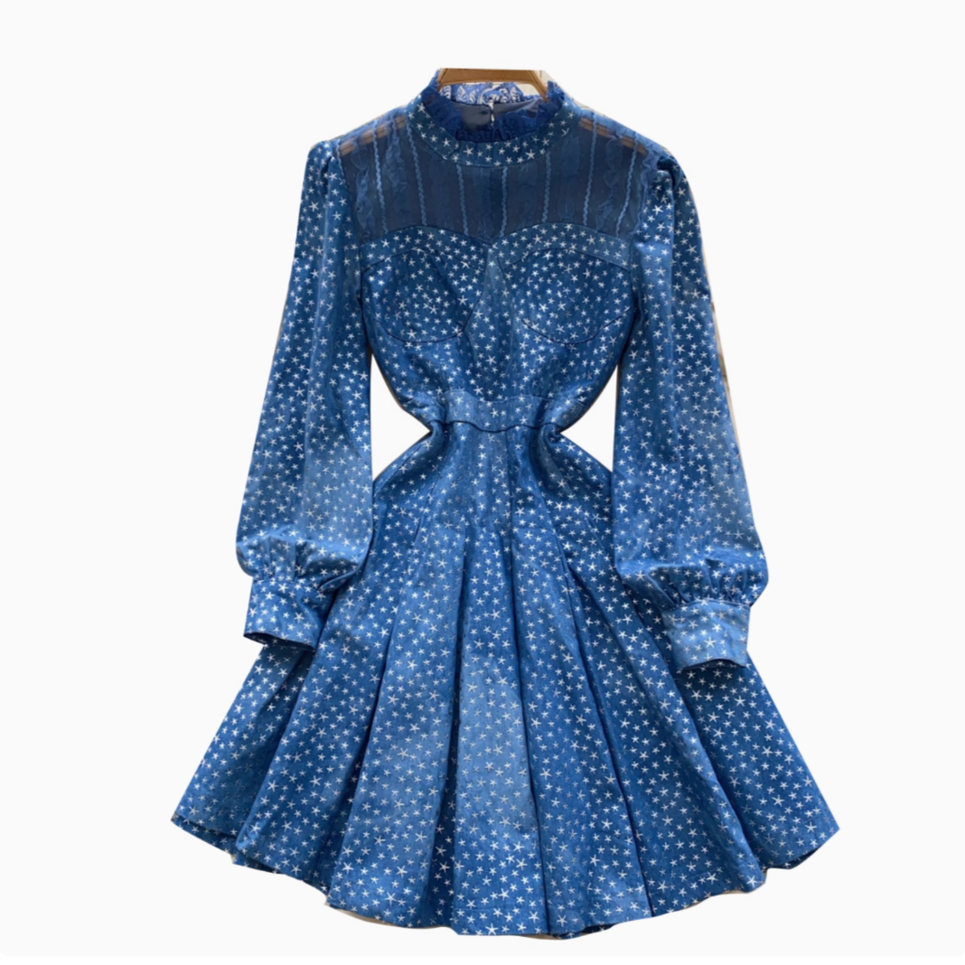 Stand Collar Star Printed Patchwork Dress