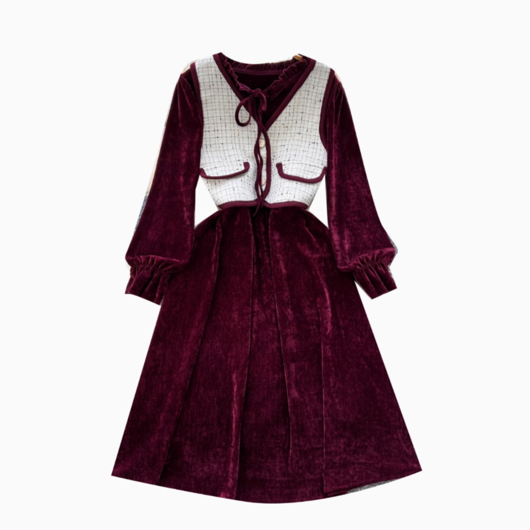 Lace-up Corduroy Dress&Jacquard Vest 2Pcs