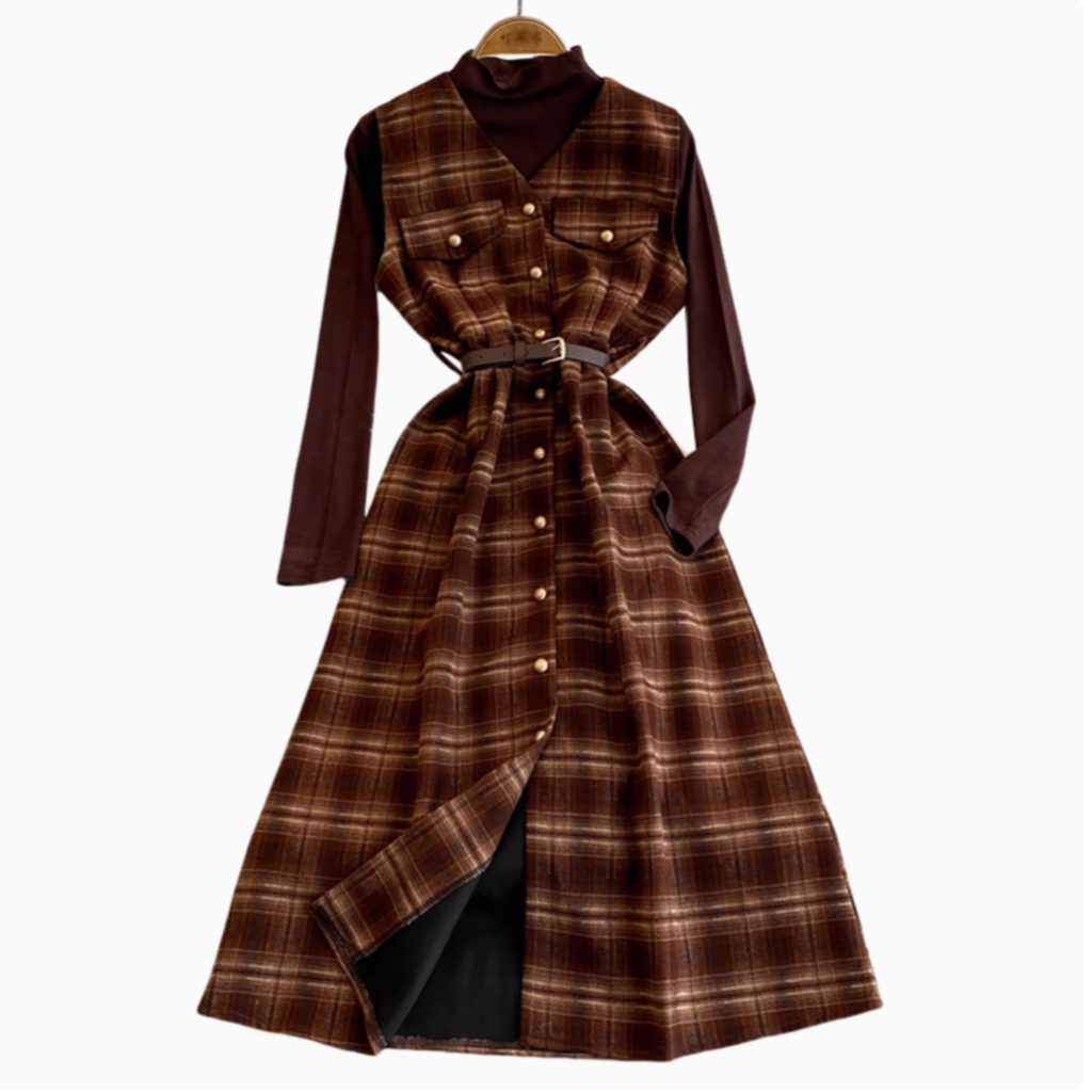 Turtleneck Sweater&Plaid Dress 2Pcs