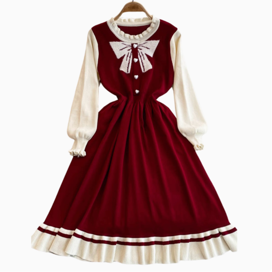 Bow Embroidered Pleated Knitted Dress