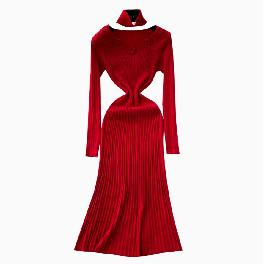 3d Flower Knitted Dress with Choker