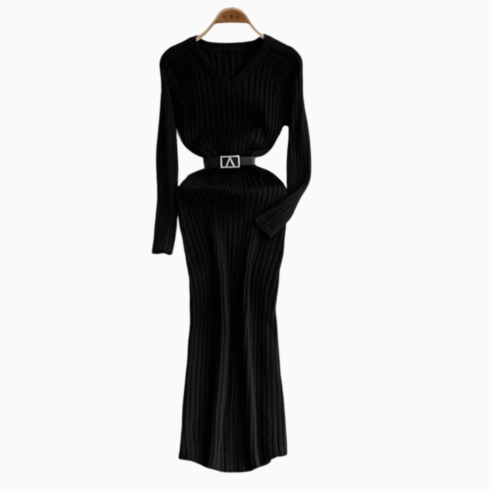 V-neck Elastic Knitted Dress with Belt