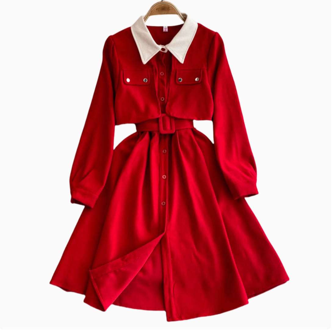 Faux Two-pieces Shirt Dress with Belt