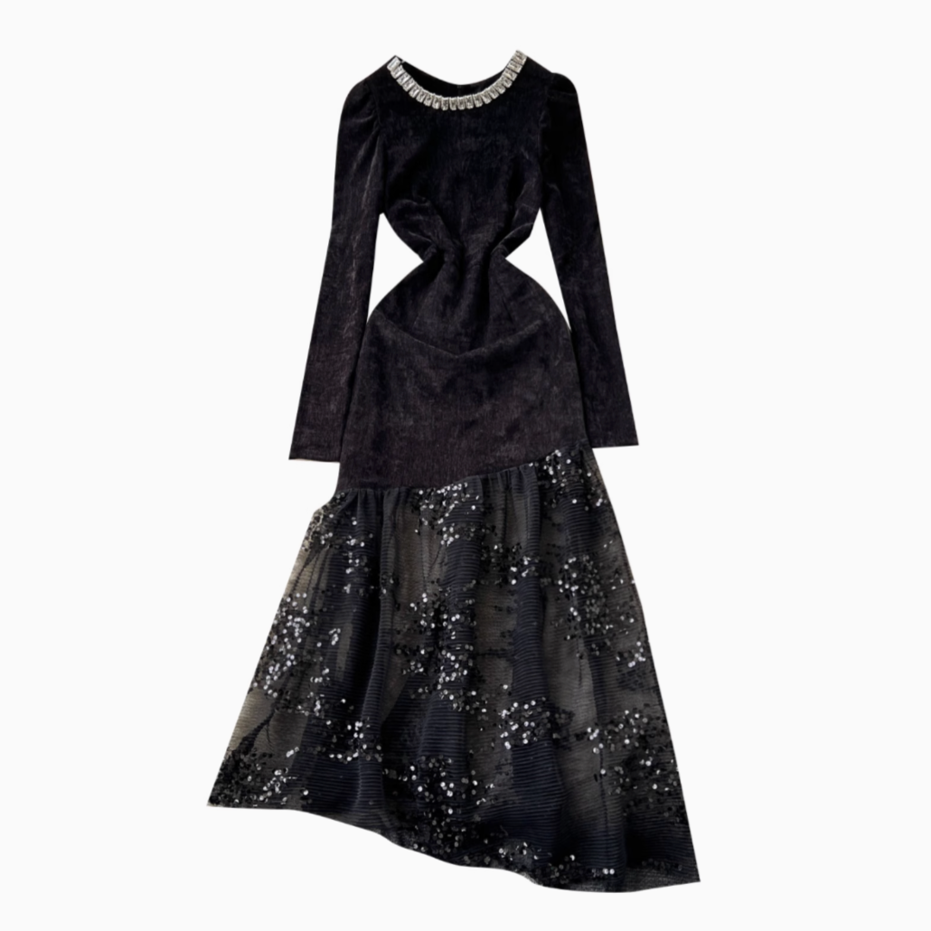 Rhinestone Studded Sequined Mesh Black Dress