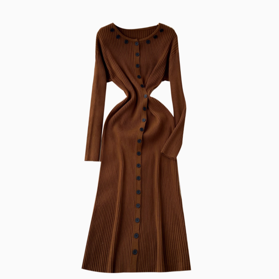 Round Collar Button Decorated Knitted Dress