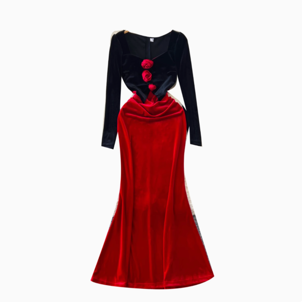 3D Floral Suede Patchwork Dress