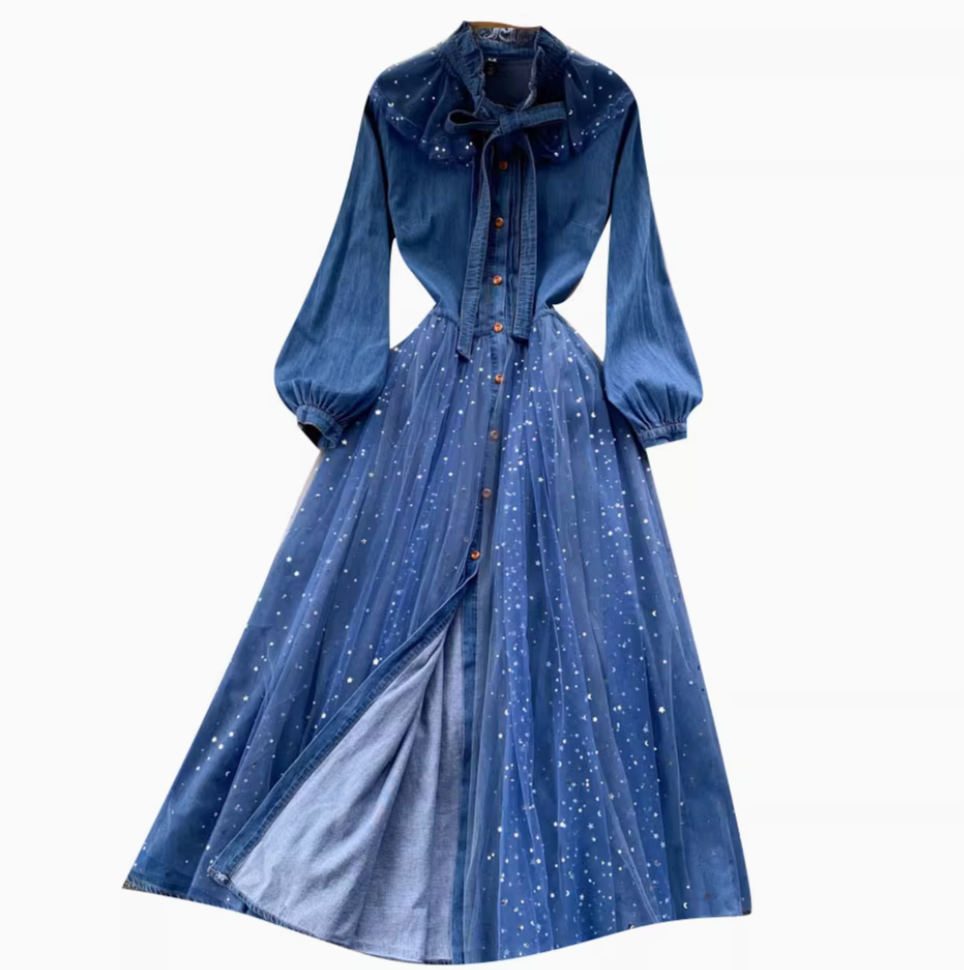 Niche Mesh Patchwork Denim Shirt Dress