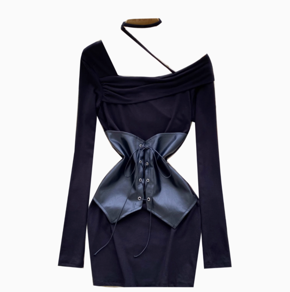 PU Lace-up Girdle Black Dress