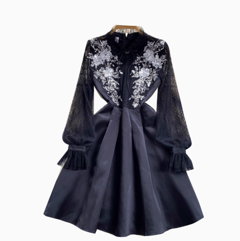 Beaded Mesh Embroidered Black Dress