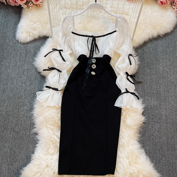Black&White Patchwork Bow Dress