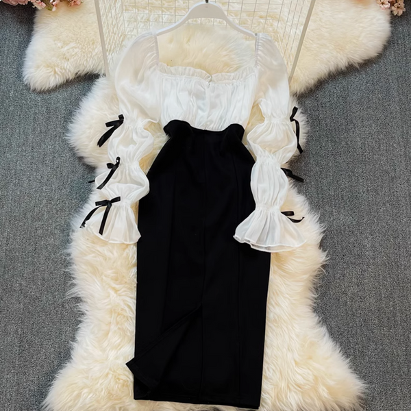 Black&White Patchwork Bow Dress
