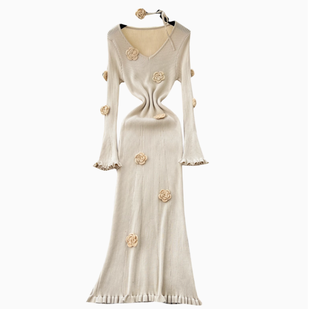 3D Flower Slim-fit Sweater Dress